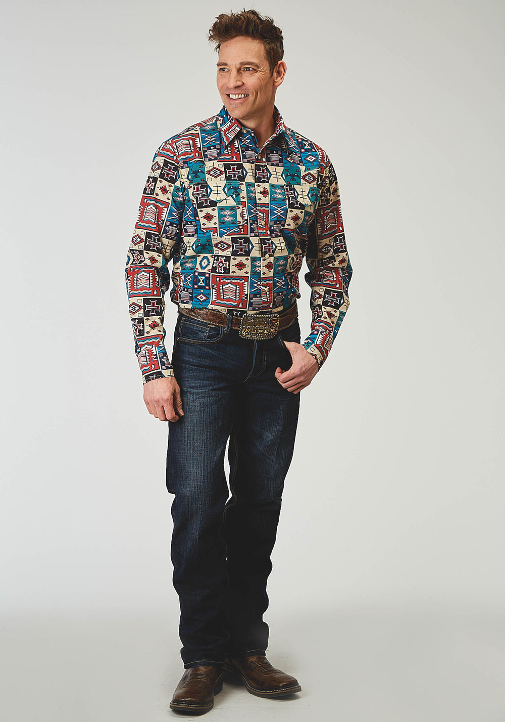 MENS LONG SLEEVE SNAP VINTAGE PATCHWORK PRINT WESTERN SHIRT
