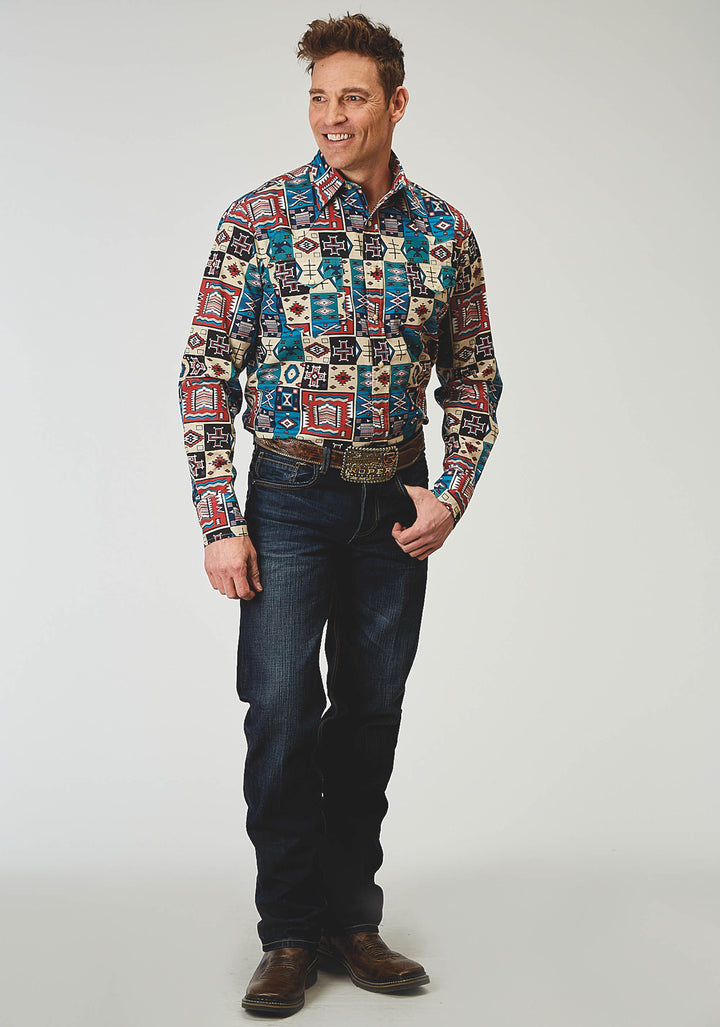 MENS LONG SLEEVE SNAP VINTAGE PATCHWORK PRINT WESTERN SHIRT