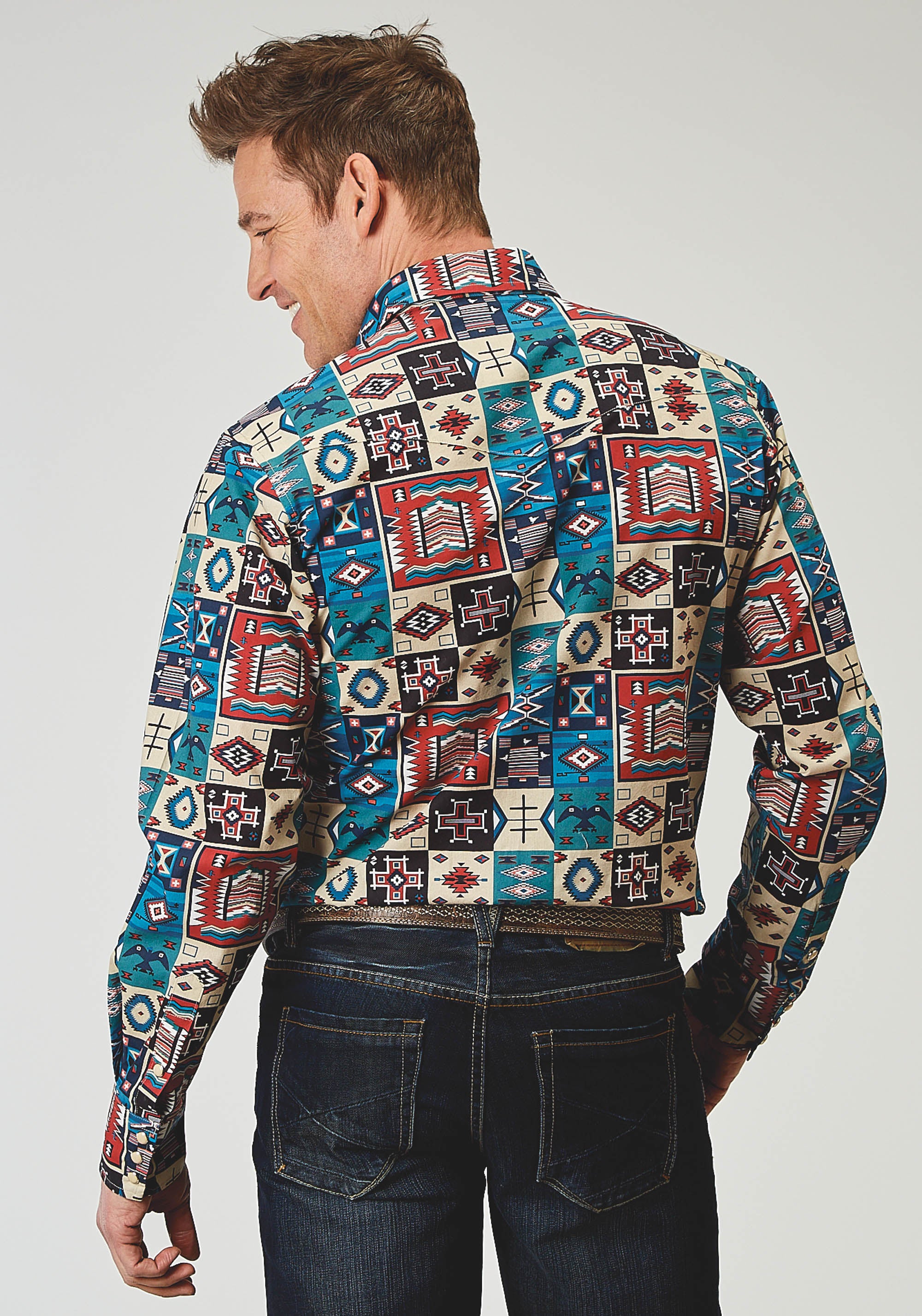 Mens Long Sleeve Snap Vintage Patchwork Print Western Shirt