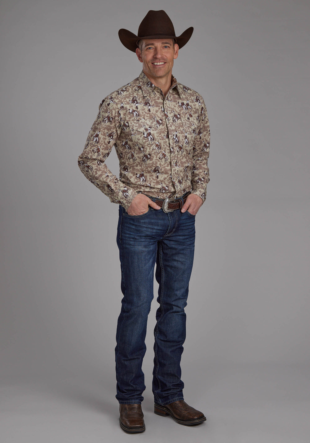 MENS BRUSHSTROKE COWBOYS PRINT LONG SLEEVE SNAP WESTERN SHIRT