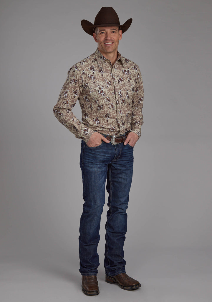 MENS BRUSHSTROKE COWBOYS PRINT LONG SLEEVE SNAP WESTERN SHIRT