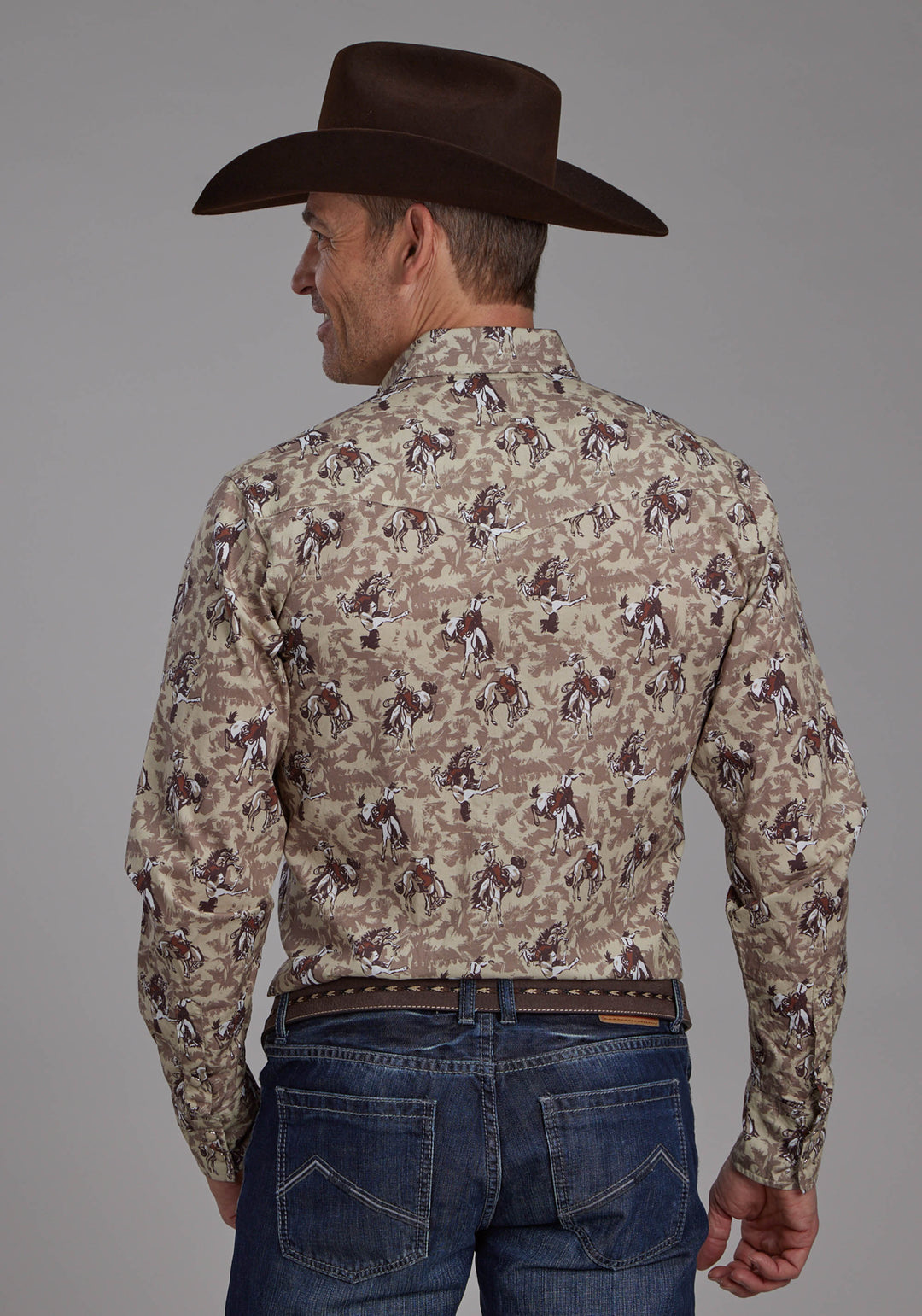 MENS BRUSHSTROKE COWBOYS PRINT LONG SLEEVE SNAP WESTERN SHIRT