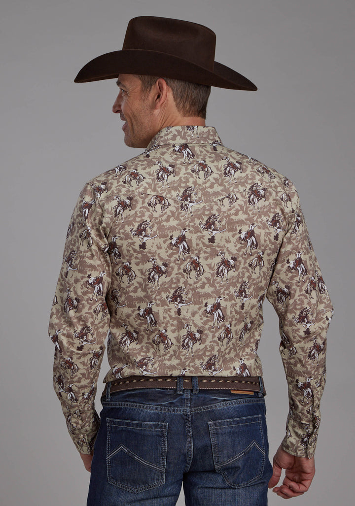 MENS BRUSHSTROKE COWBOYS PRINT LONG SLEEVE SNAP WESTERN SHIRT
