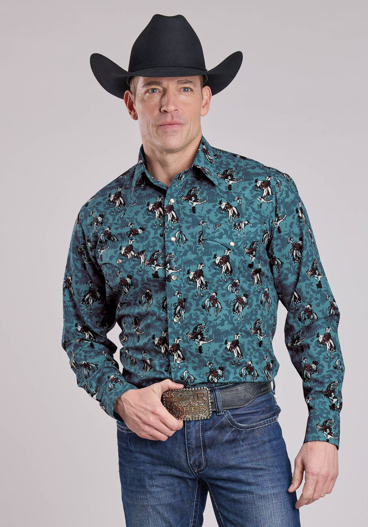 MENS LONG SLEEVE SNAP BRUSHSTROKE COWBOYS PRINT WESTERN SHIRT
