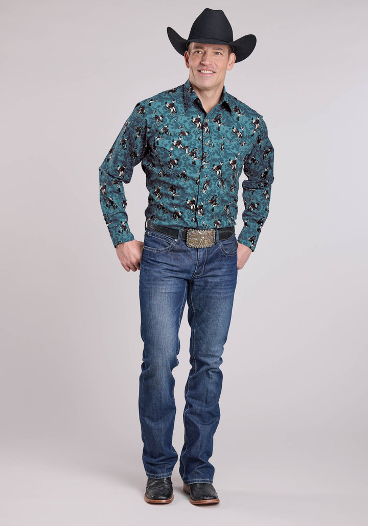 MENS LONG SLEEVE SNAP BRUSHSTROKE COWBOYS PRINT WESTERN SHIRT