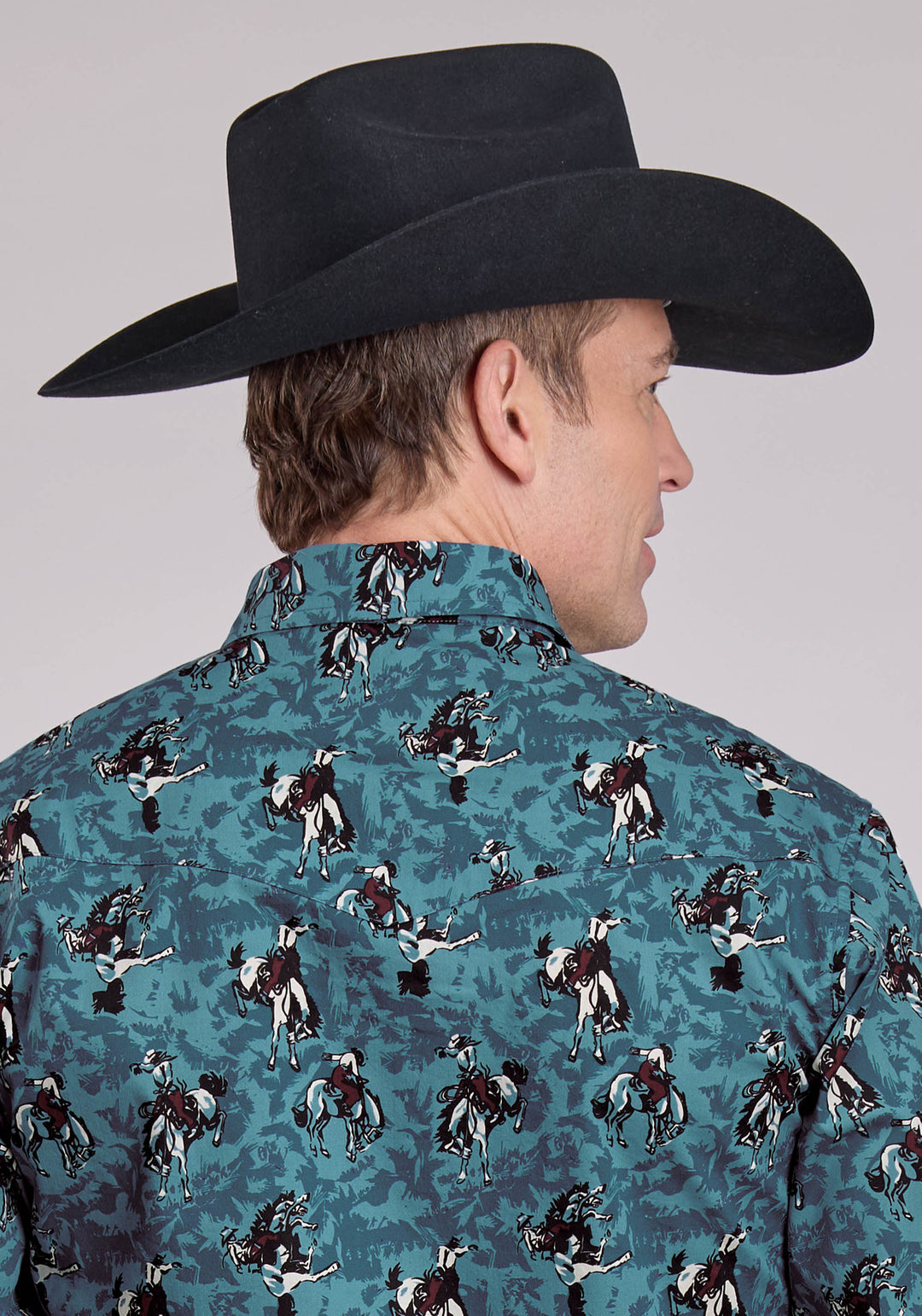 MENS LONG SLEEVE SNAP BRUSHSTROKE COWBOYS PRINT WESTERN SHIRT