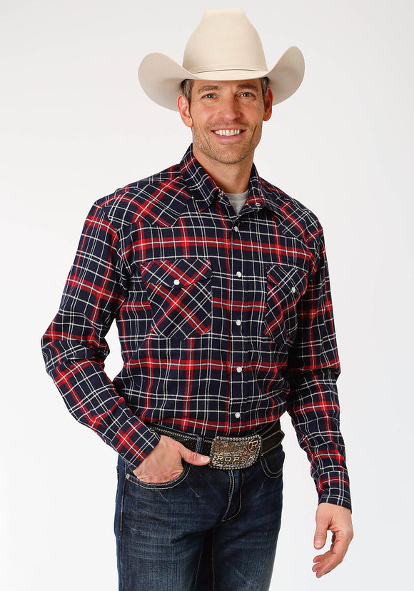 MENS RED NAVY AND WHITE PLAID LONG SLEEVE WESTERN SNAP SHIRT