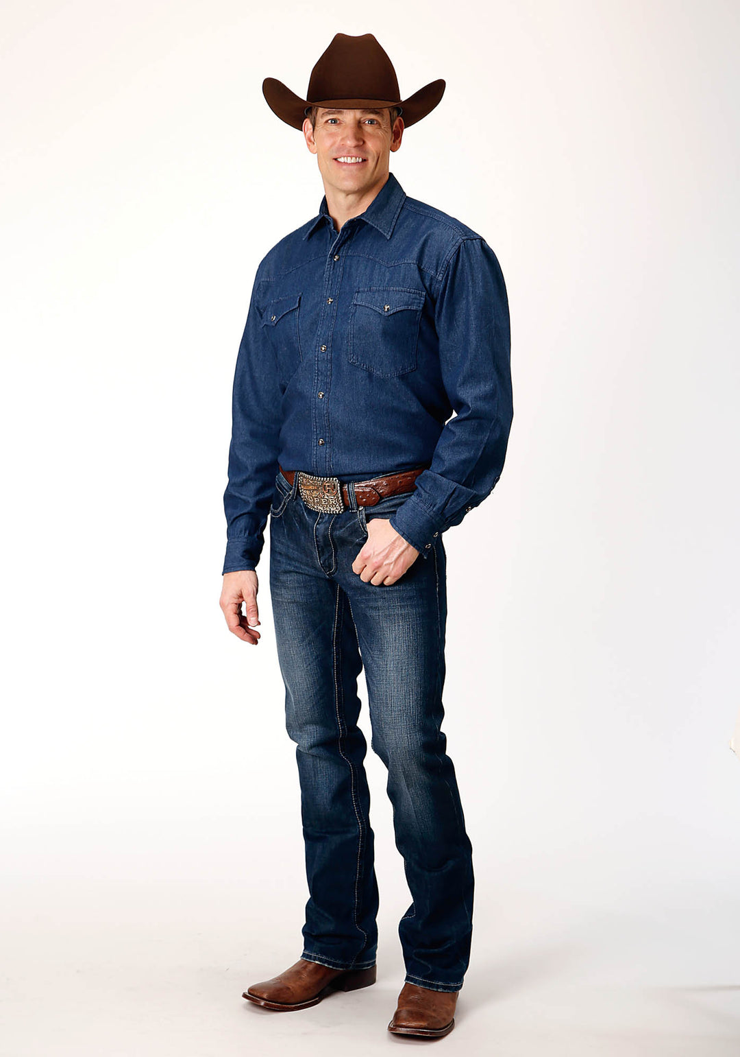 MENS LONG SLEEVE SNAP DARK BLUE DENIM WESTERN SHIRT