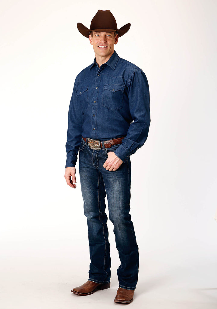 MENS LONG SLEEVE SNAP DARK BLUE DENIM WESTERN SHIRT