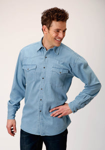 MENS LONG SLEEVE SNAP LIGHT BLUE DENIM WESTERN SHIRT