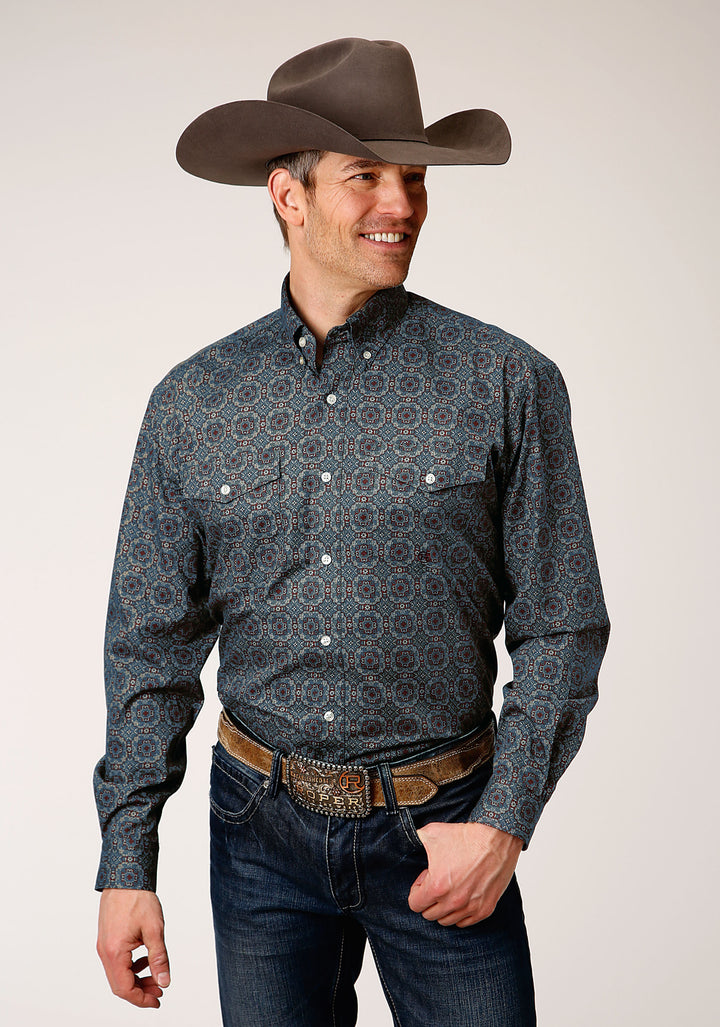 MENS LONG SLEEVE BUTTON REDWOOD MEDALLION WESTERN SHIRT TALL FIT