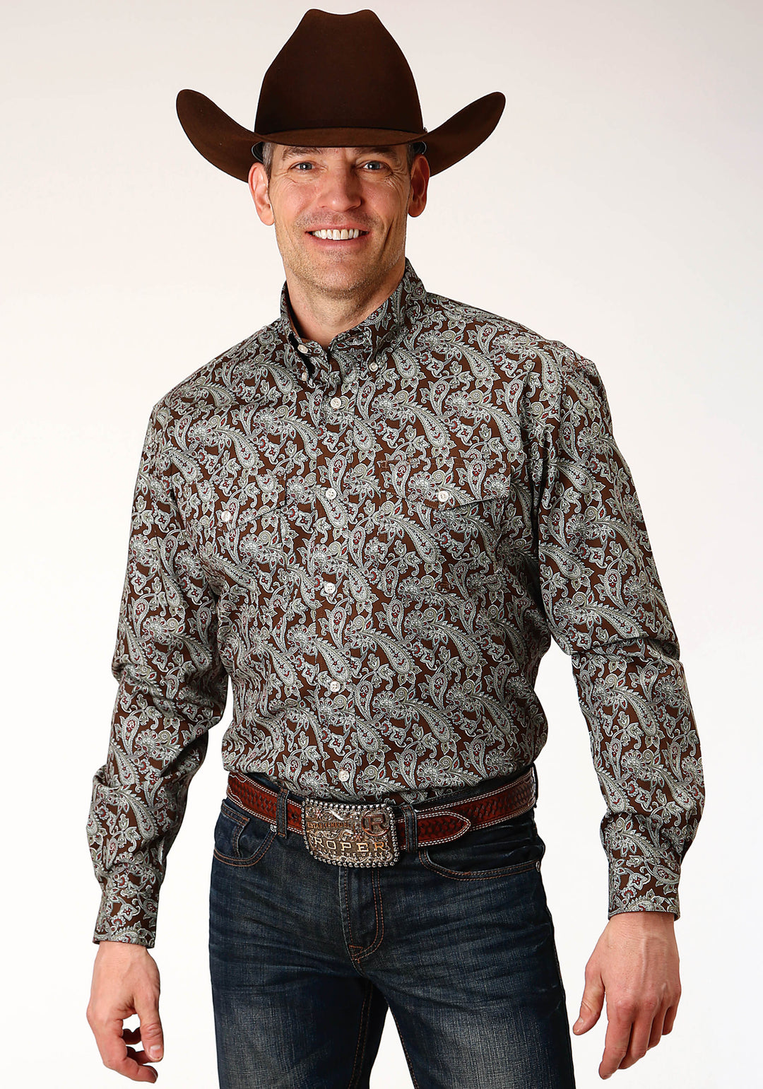 MENS LONG SLEEVE BUTTON PINE PAISLEY WESTERN SHIRT TALL FIT