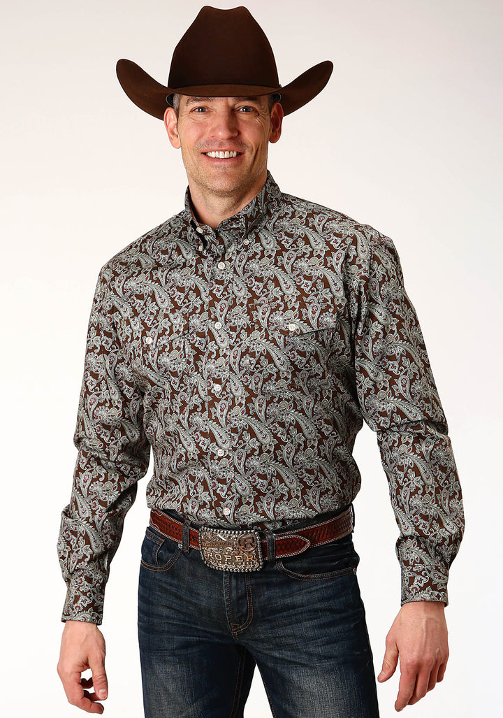 MENS LONG SLEEVE BUTTON PINE PAISLEY WESTERN SHIRT TALL FIT