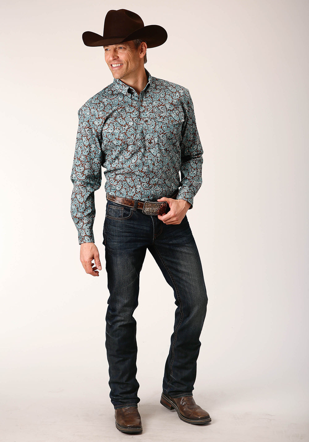 MENS LONG SLEEVE BUTTON TURQUOISE MINE PAISLEY WESTERN SHIRT TALL FIT