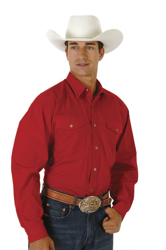 MENS RED SOLID LONG SLEEVE WESTERN BUTTON SHIRT TALL FIT