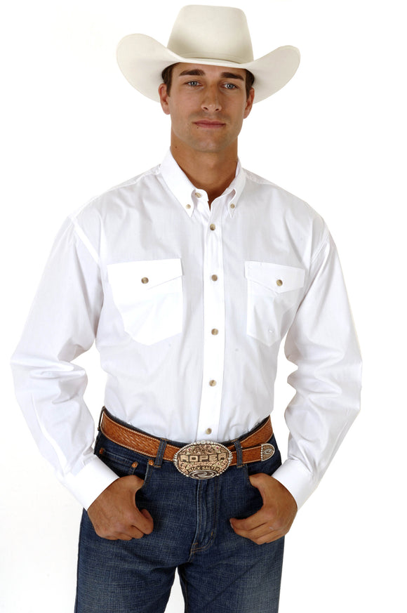 MENS WHITE SOLID LONG SLEEVE WESTERN BUTTON SHIRT TALL FIT