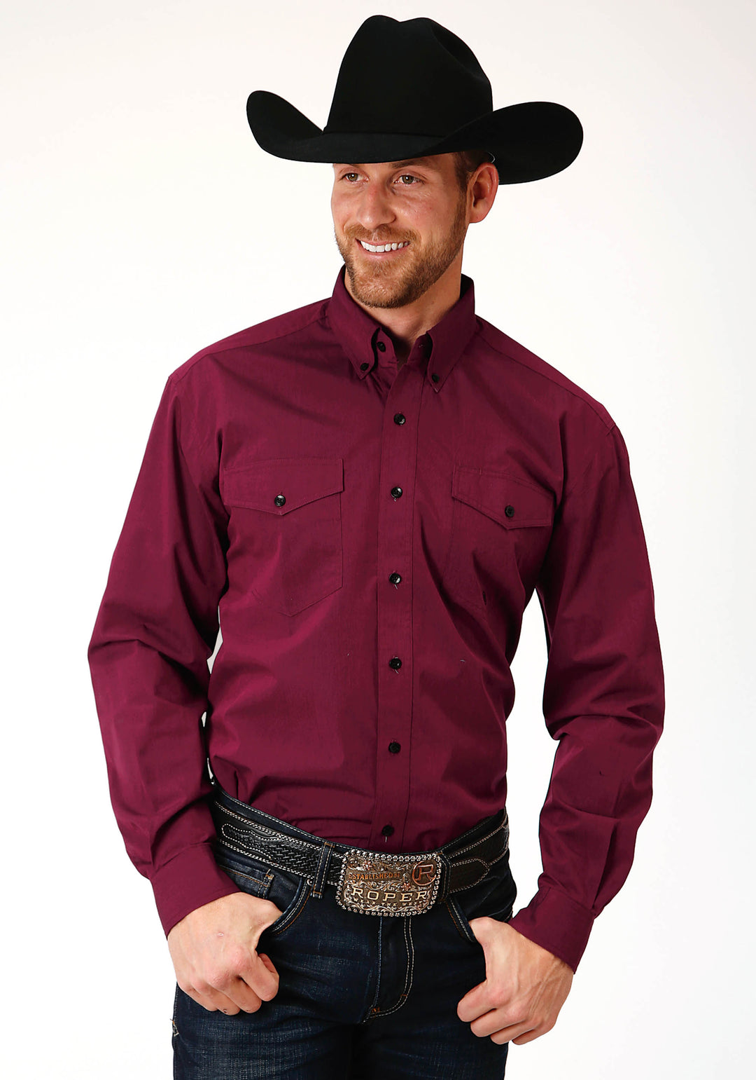 MENS LONG SLEEVE BUTTON SOLID BLACK FILL  WINE WESTERN SHIRT TALL FIT