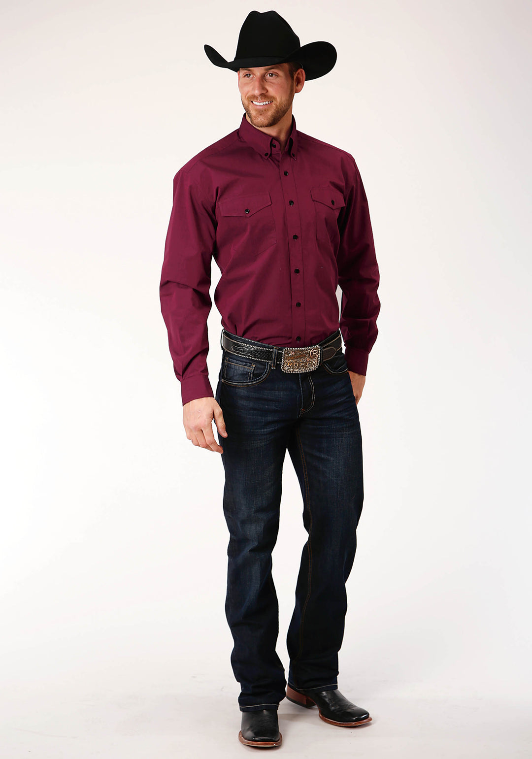 MENS LONG SLEEVE BUTTON SOLID BLACK FILL  WINE WESTERN SHIRT TALL FIT