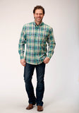 MENS LONG SLEEVE BUTTON OCEAN PLAID WESTERN SHIRT TALL FIT