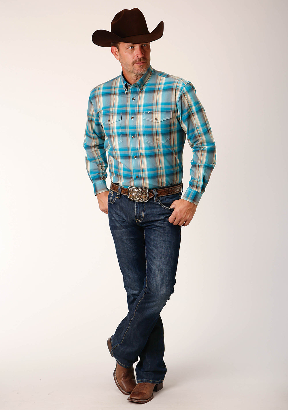 MENS LONG SLEEVE BUTTON SANDY TURQUOISE PLAID WESTERN SHIRT TALL FIT