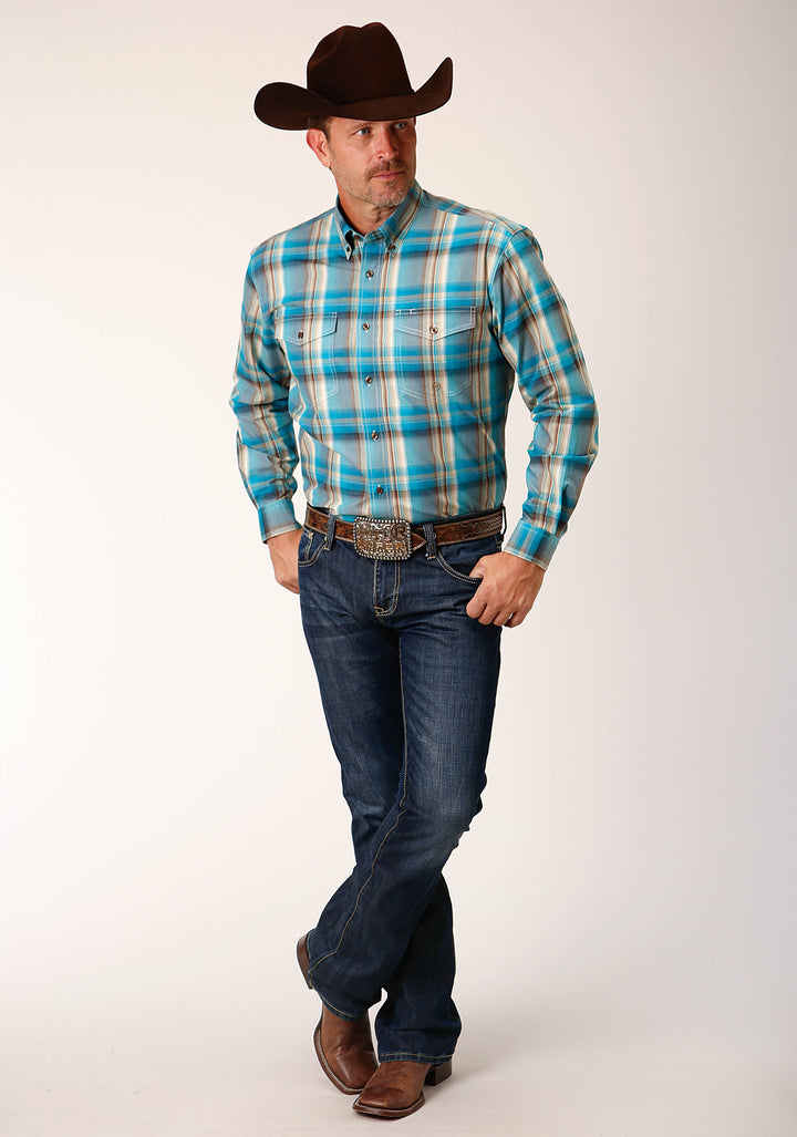 MENS LONG SLEEVE BUTTON SANDY TURQUOISE PLAID WESTERN SHIRT TALL FIT