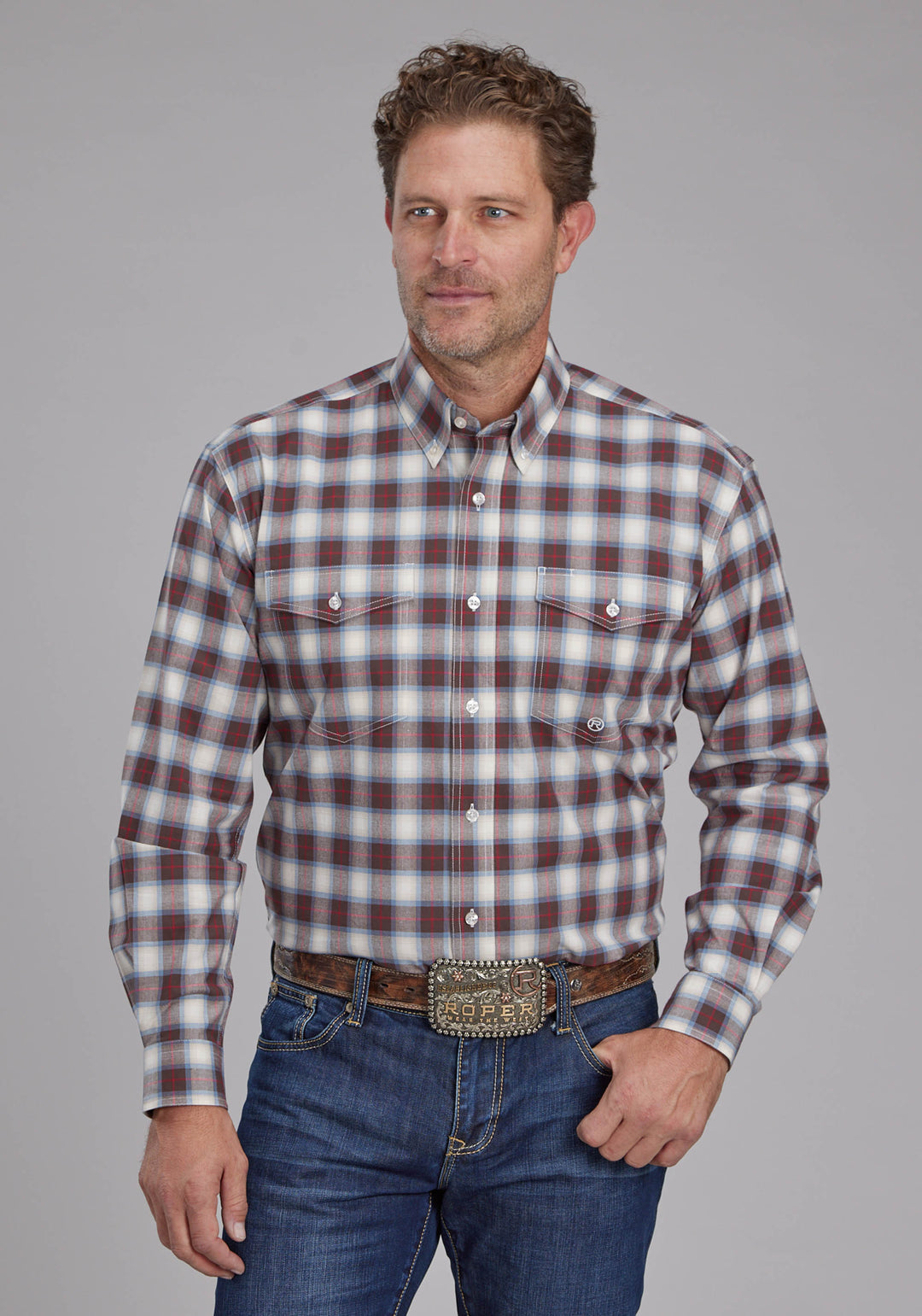 MENS STRETCH PLAID - BROWN LONG SLEEVE BUTTON WESTERN SHIRT