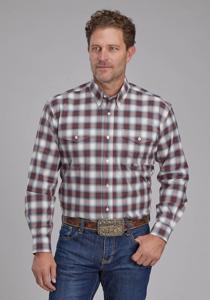 MENS STRETCH PLAID - BROWN LONG SLEEVE BUTTON WESTERN SHIRT