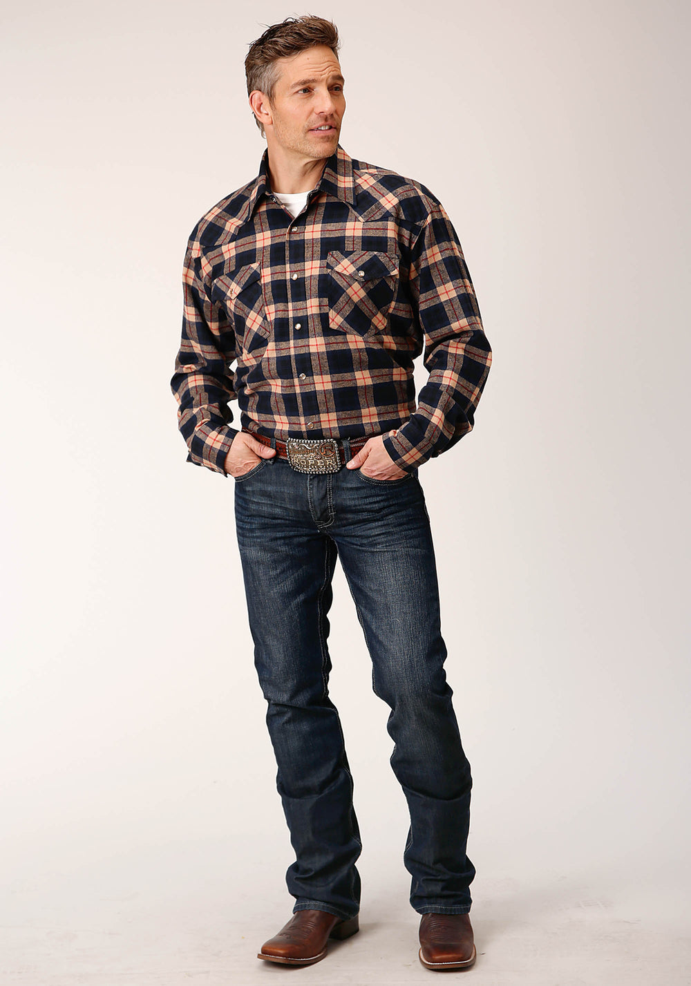 MENS LONG SLEEVE SNAP UNLINED TAN NAVY AND RED FLANNEL PLAID SHIRT WESTERN SHIRT TALL FIT