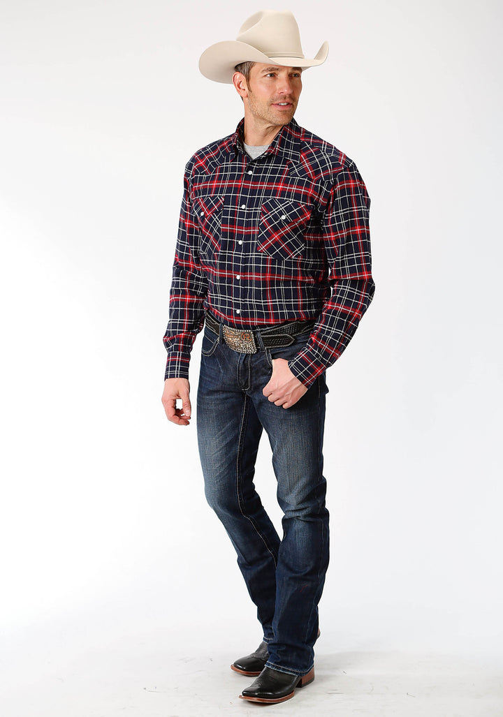 MENS RED NAVY AND WHITE PLAID LONG SLEEVE WESTERN SNAP SHIRT TALL FIT