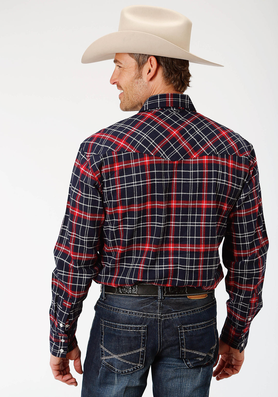 MENS RED NAVY AND WHITE PLAID LONG SLEEVE WESTERN SNAP SHIRT TALL FIT