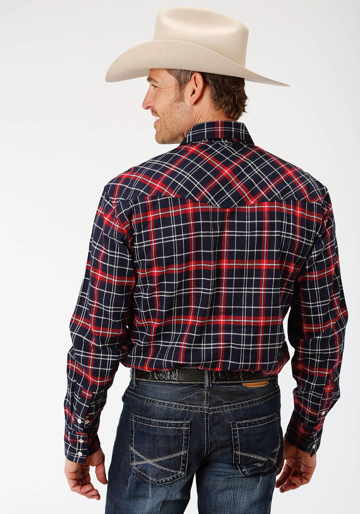 MENS RED NAVY AND WHITE PLAID LONG SLEEVE WESTERN SNAP SHIRT TALL FIT