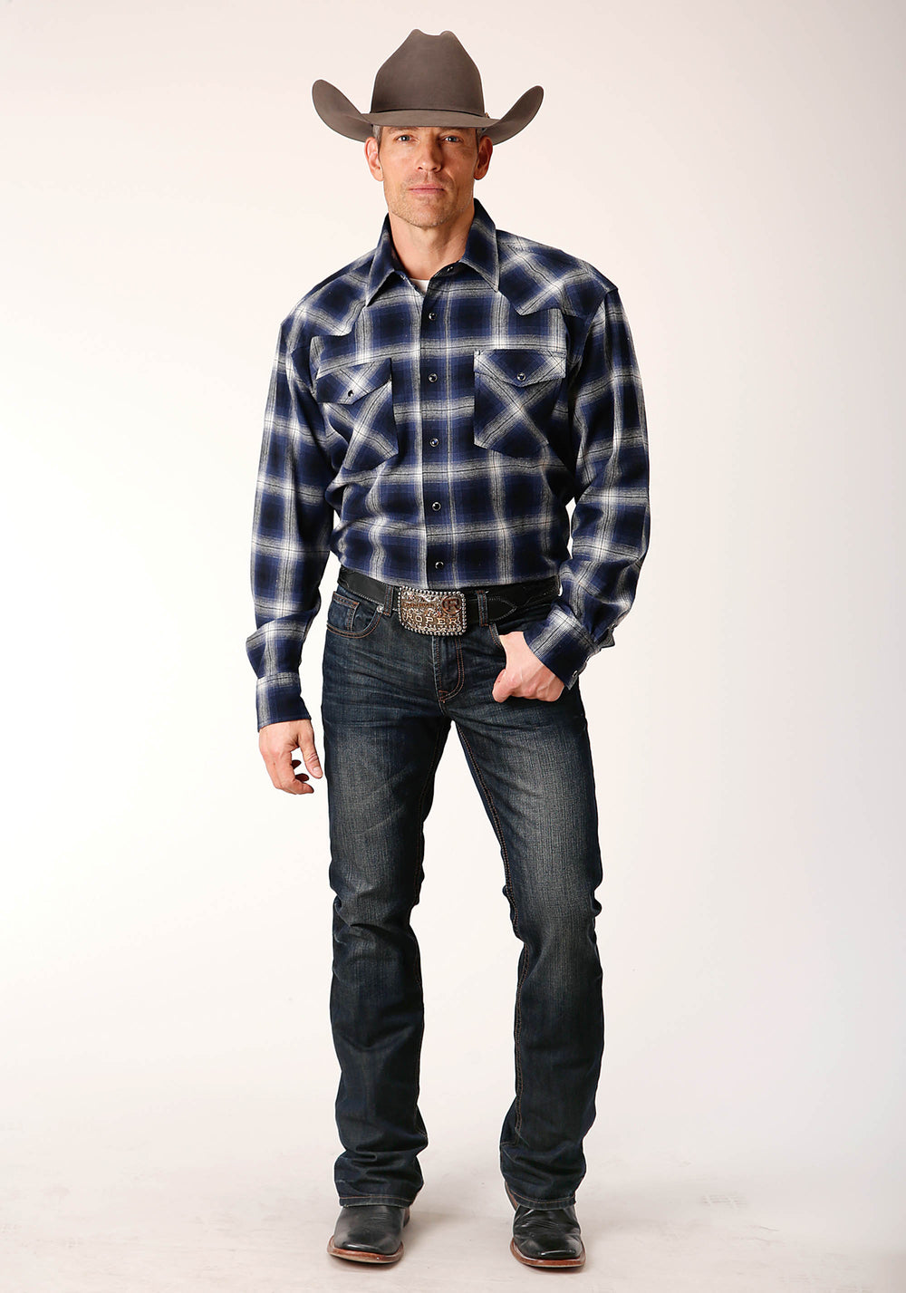 MENS LONG SLEEVE SNAP UNLINED NAVY BLUE AND GREY FLANNEL PLAID SHIRT WESTERN SHIRT TALL FIT