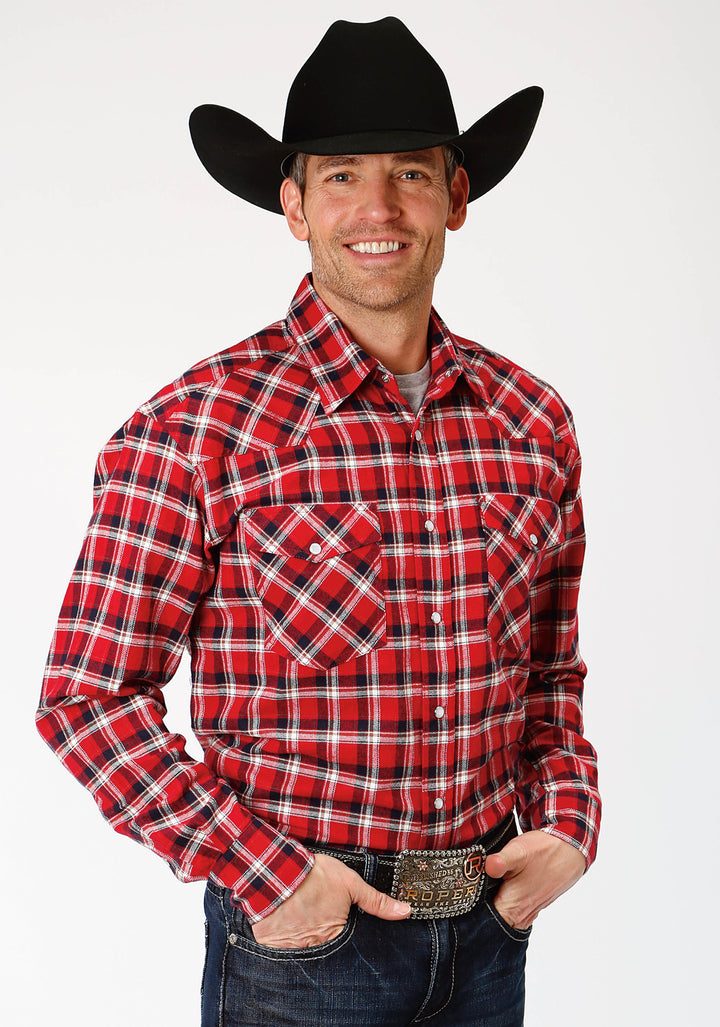 MENS RED NAVY AND WHITE PLAID LONG SLEEVE WESTERN SNAP SHIRT TALL FIT