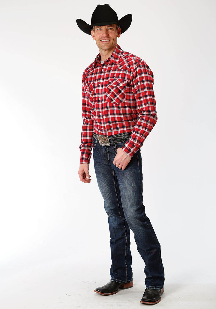 MENS RED NAVY AND WHITE PLAID LONG SLEEVE WESTERN SNAP SHIRT TALL FIT