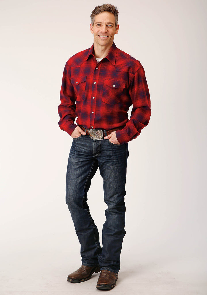 MENS LONG SLEEVE SNAP UNLINED RED WINE NAVY FLANNEL PLAID SHIRT WESTERN SHIRT TALL FIT