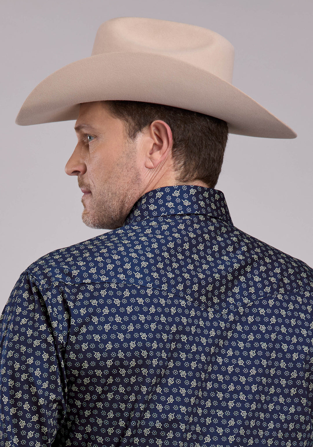 MENS LONG SLEEVE SNAP STRETCH POPLIN PAISLEY - NAVY WESTERN SHIRT