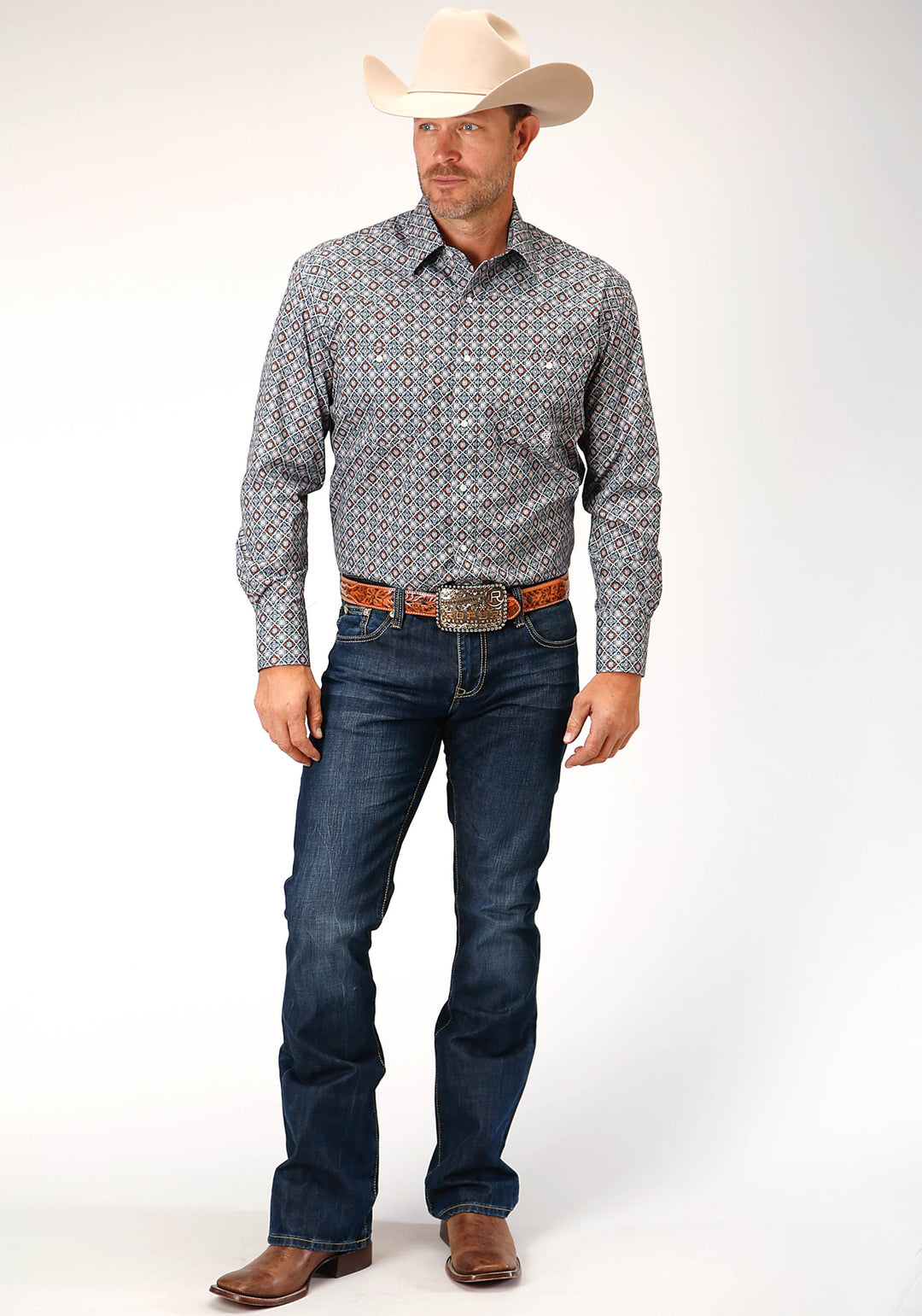 MENS LONG SLEEVE SNAP SILVER FOULARD WESTERN SHIRT TALL FIT