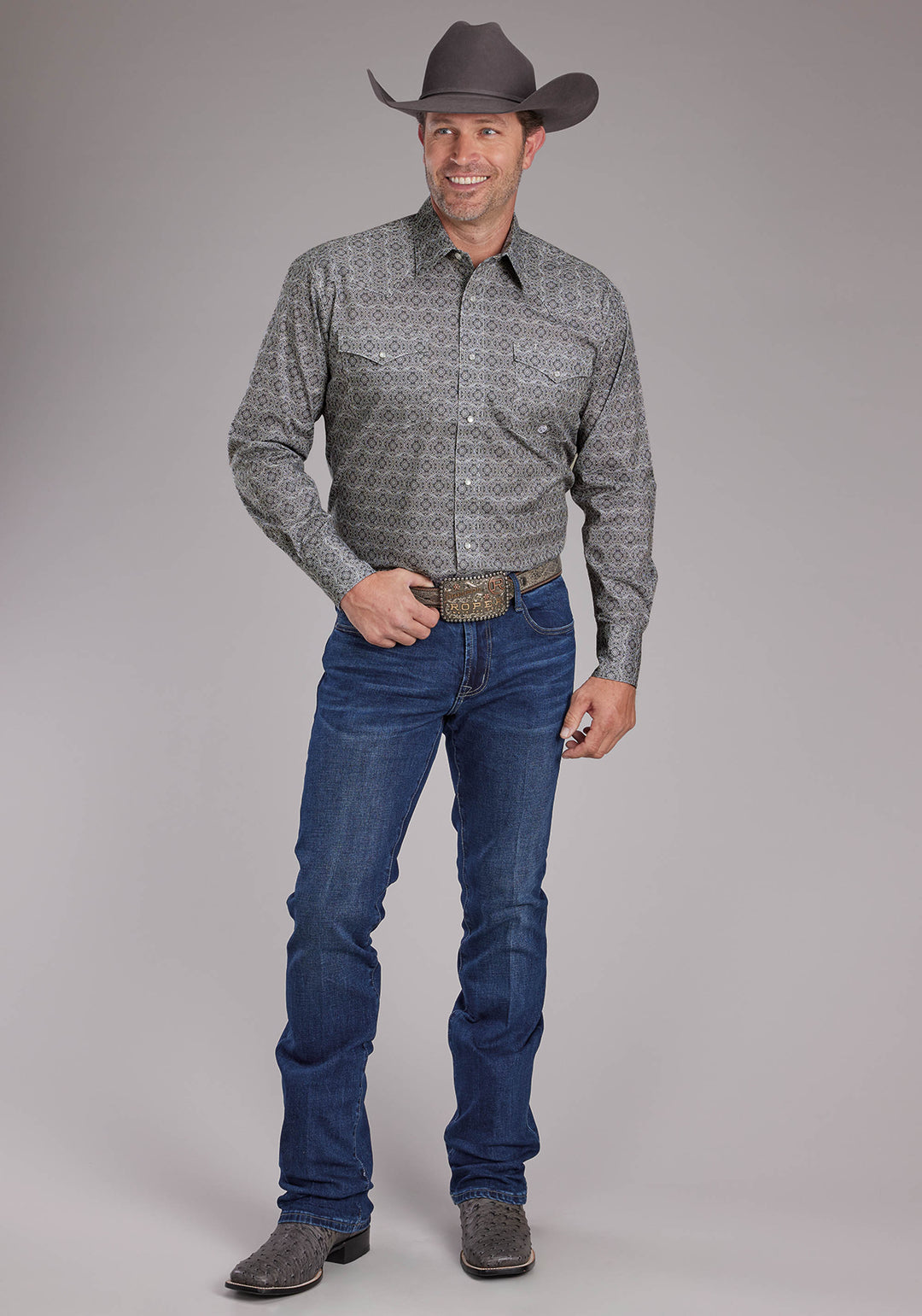 MENS STRETCH MEDALLION PAISLEY - GRAY LONG SLEEVE SNAP WESTERN SHIRT
