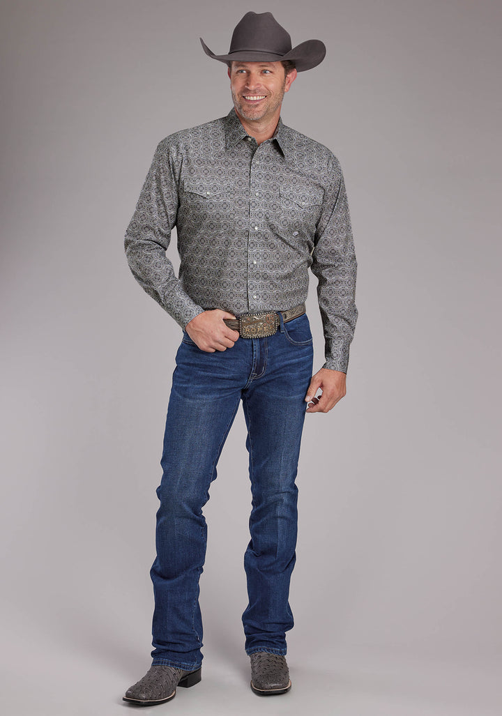 MENS STRETCH MEDALLION PAISLEY - GRAY LONG SLEEVE SNAP WESTERN SHIRT