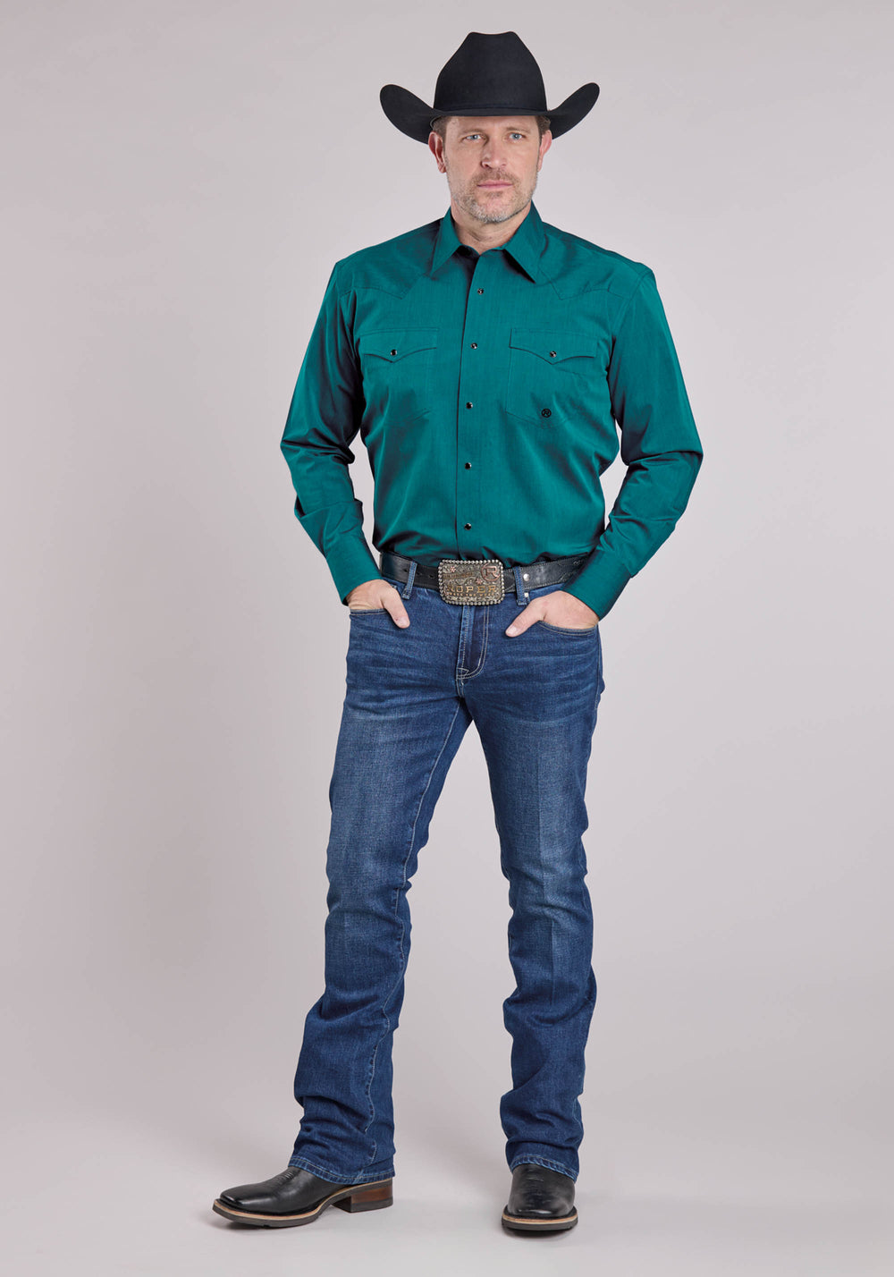 MENS ROPER SOLID BLACK FILL TEAL LONG SLEEVE SNAP SHIRT