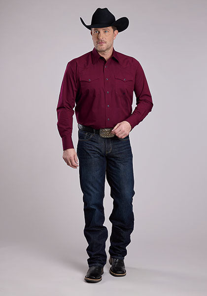 Mens Long Sleeve Snap Black Fill - Wine Western Shirt