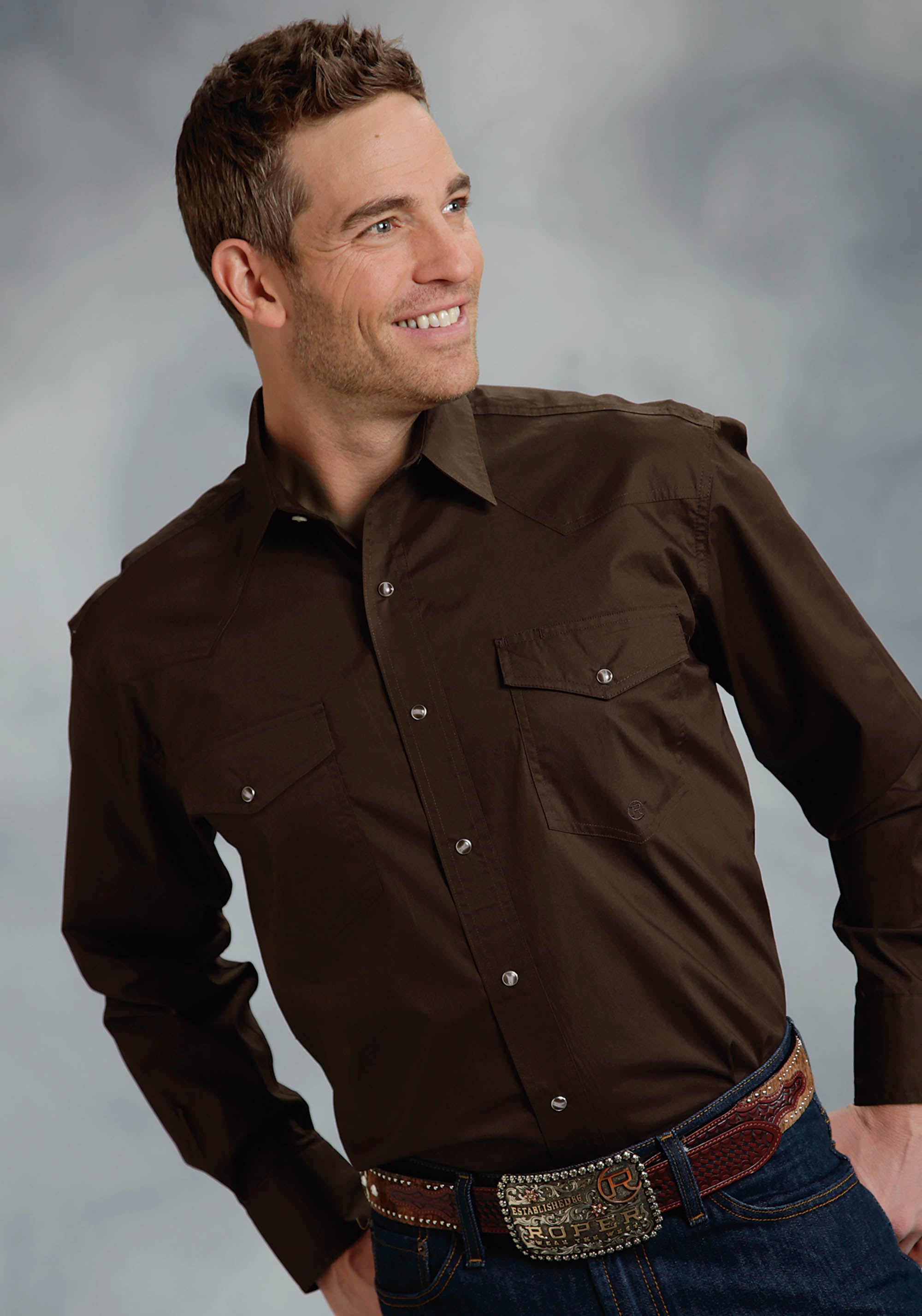 Mens Brown Solid Long Sleeve Western Snap Shirt Tall Fit – Roper