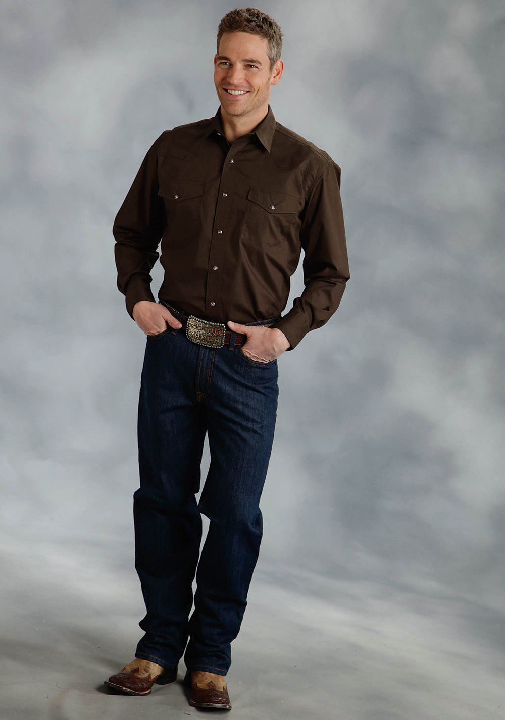 MENS BROWN SOLID LONG SLEEVE WESTERN SNAP SHIRT TALL FIT
