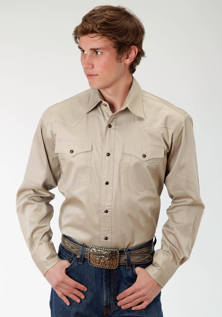 MENS KHAKI SOLID LONG SLEEVE WESTERN SNAP SHIRT TALL FIT