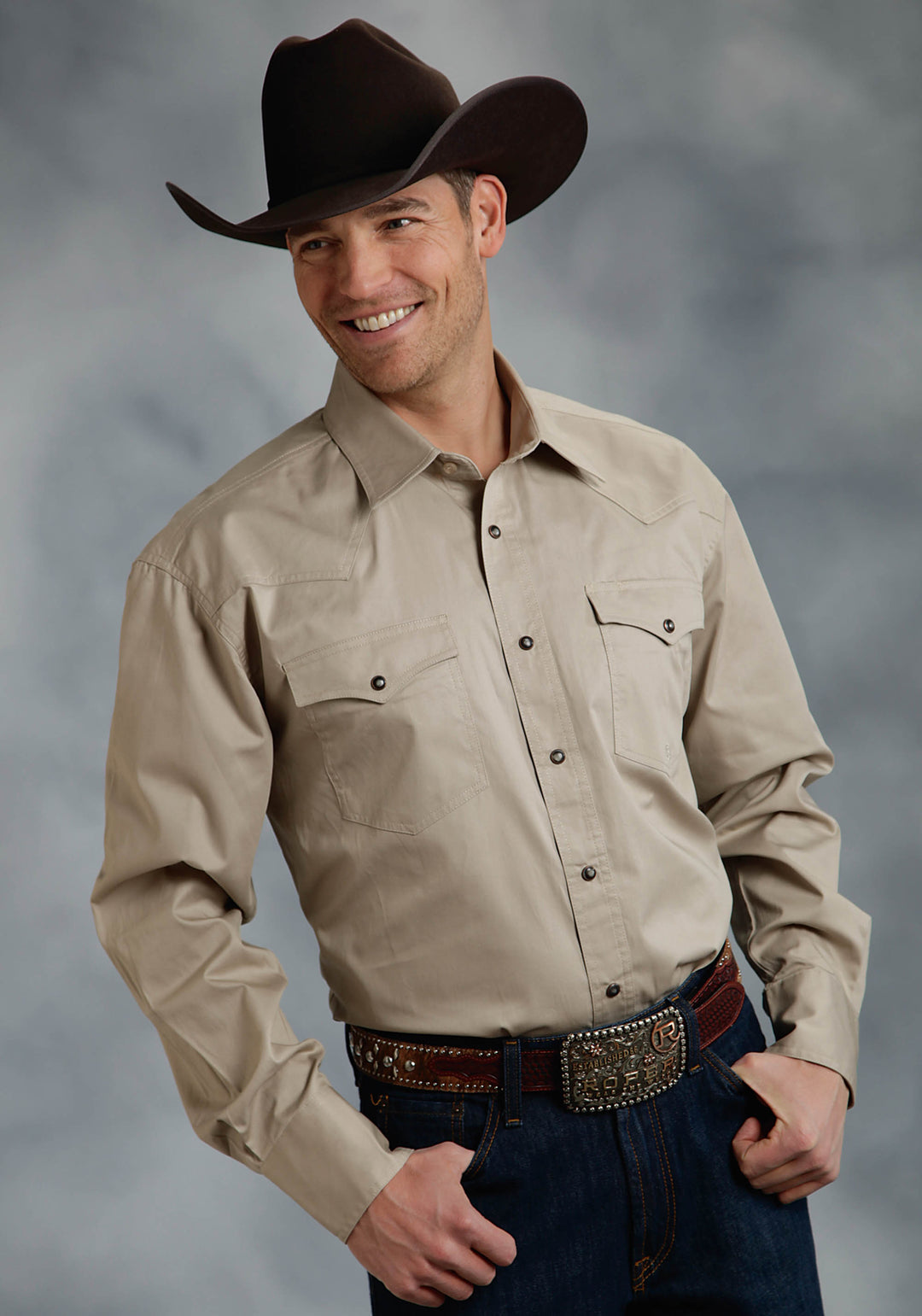 MENS KHAKI SOLID LONG SLEEVE WESTERN SNAP SHIRT TALL FIT