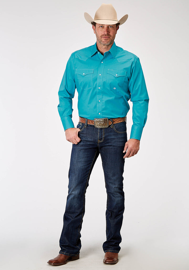 MENS LONG SLEEVE SNAP SOLID POPLIN STRETCH TURQUOISE WESTERN SHIRT TALL FIT