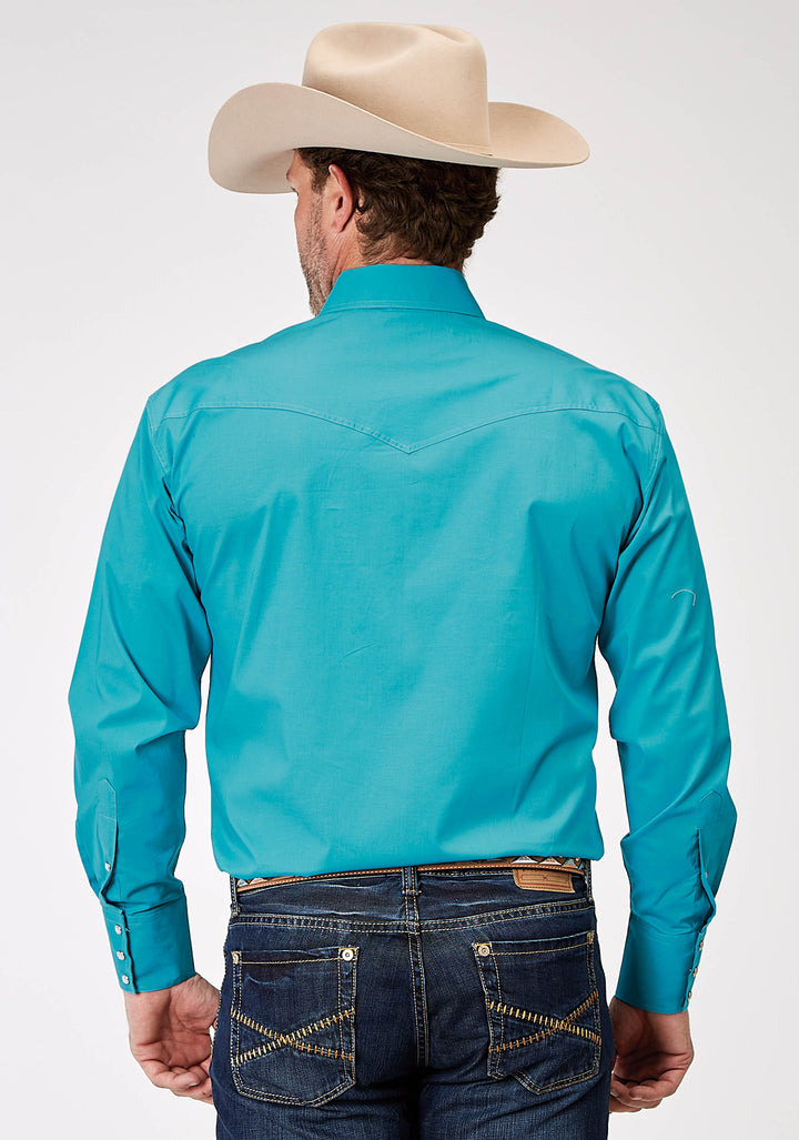 MENS LONG SLEEVE SNAP SOLID POPLIN STRETCH TURQUOISE WESTERN SHIRT TALL FIT