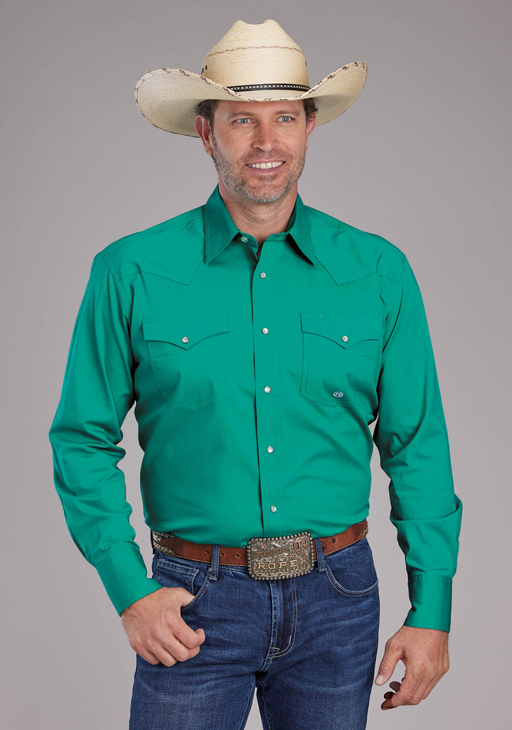MENS SOLID POPLIN STRETCH - JADE GREEN LONG SLEEVE SNAP WESTERN SHIRT