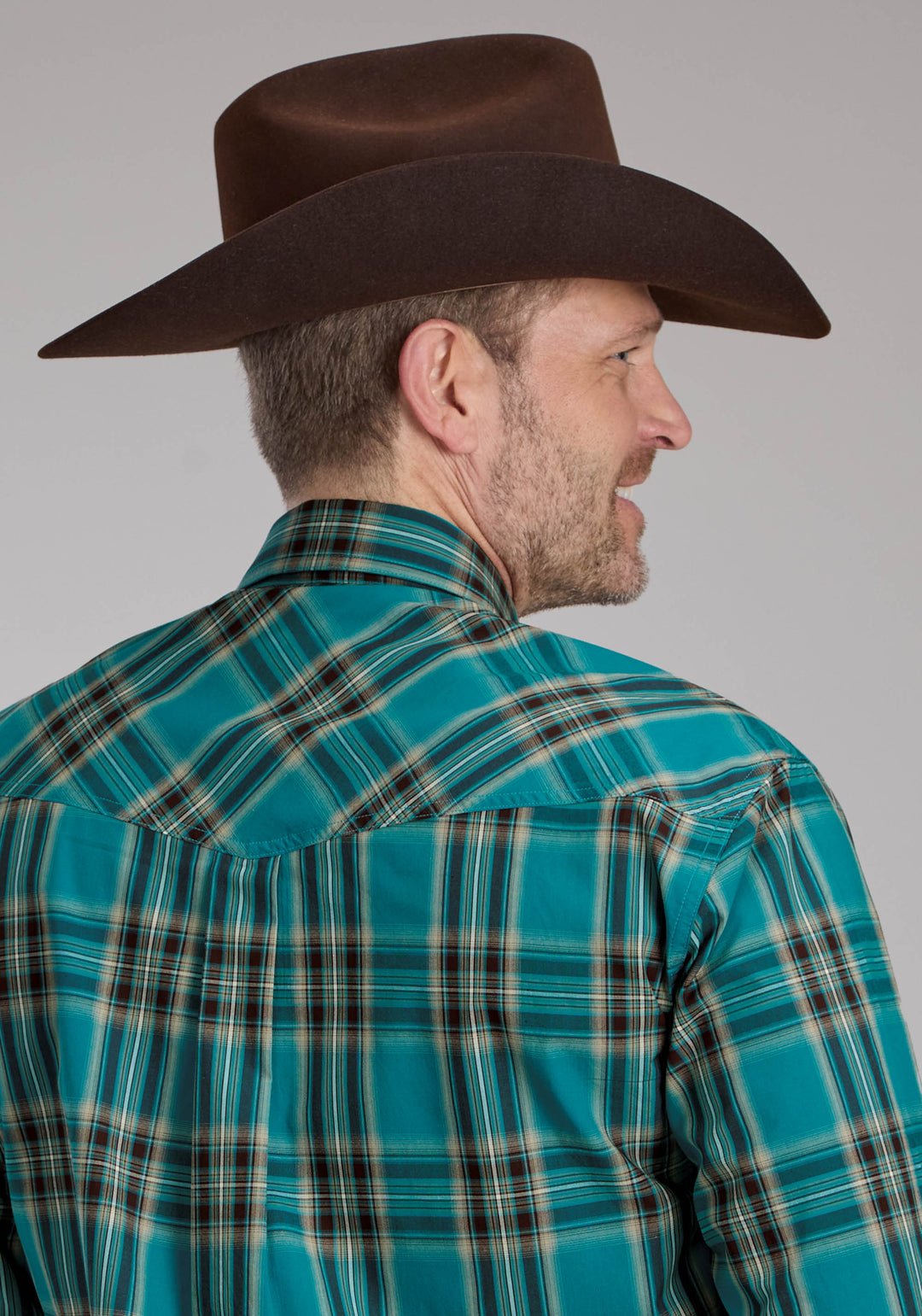 MENS REAL TEAL PLAID LONG SLEEVE SNAP WESTERN SHIRT