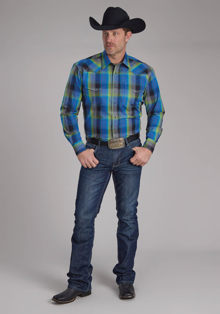 MENS COBALT PLAID LONG SLEEVE SNAP WESTERN SHIRT
